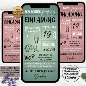 Digitale Geburtstagseinladung Brunch Sekt Frühstück grün rosa | Foto eCard zum Versenden per Whatsapp | Sektfrühstück Brunchtime Mann Frau