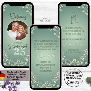 WhatsApp グリーンの銀婚式招待状デジタル | eCard カスタマイズ可能な結婚記念日の招待状花の花の庭 |銀婚式