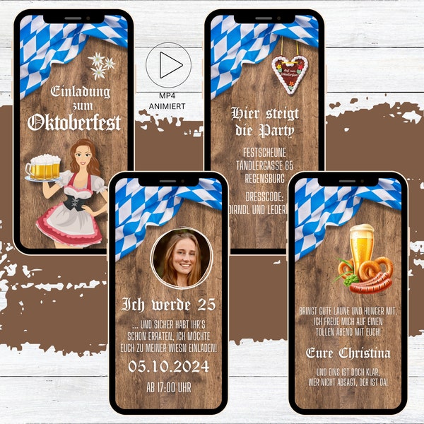 Digitale Oktoberfest Geburtstagsparty Einladung helles Holz zum Versenden per Whatsapp Wiesn Bier Party O’zapft is! mit Foto
