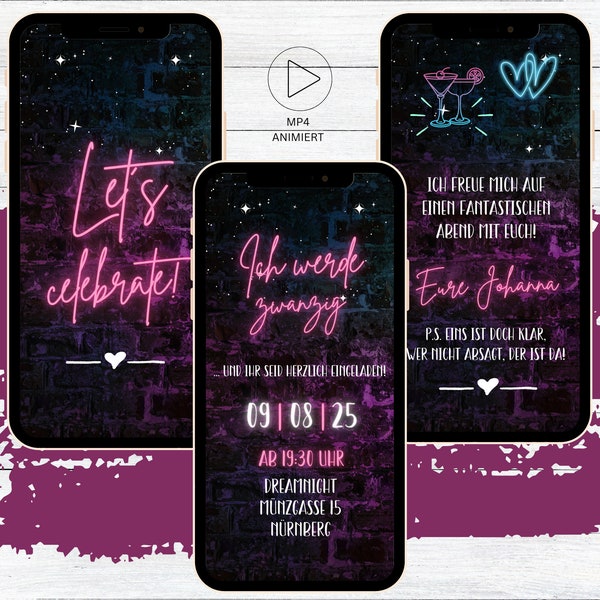 eCARD Geburtstags Party Einladung neon pink Mauer für 18. 20. 30. 40. 50. 60. animierte digitale WhatsApp Geburtstagseinladung