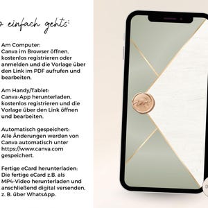 May include: A smartphone displaying a digital invitation template with a sage green and white geometric design, accented by gold lines and a circular wax seal graphic with the word Love, alongside instructions for editing via Canva.