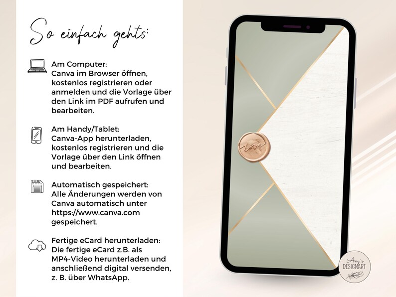 May include: A smartphone displaying a digital invitation template with a sage green and white geometric design, accented by gold lines and a circular wax seal graphic with the word Love, alongside instructions for editing via Canva.