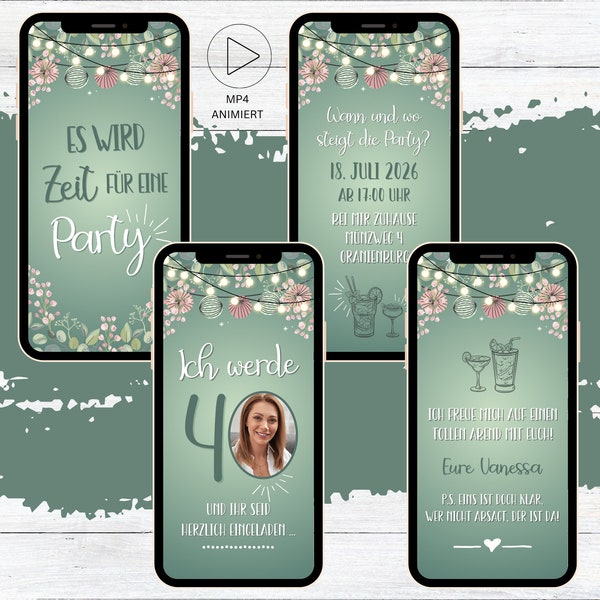 Digitale Geburtstags Party Einladung grün Cocktails | für 20. 30. 40. 50. 60. animierte eCard | WhatsApp Geburtstagseinladung mit Foto