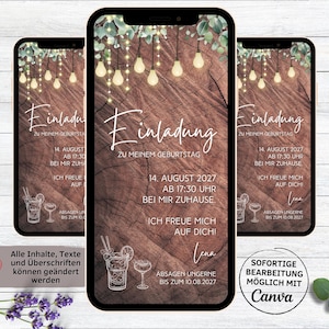 Invitation numérique pour cocktails d'anniversaire en bois | E-carte à envoyer via WhatsApp | Invitation pour téléphone portable - Bois et Lumière | pour hommes et femmes