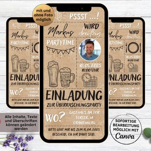 Einladung zur Überraschungsparty Kraftpapier Bier, Psst Überraschung WhatsApp Geburtstagseinladung mit Foto | Surprise-Party | Surpriseparty
