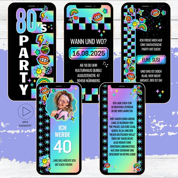 80er Jahre Mottoparty Einladung neon holo Sticker | digitale Retro 80s Party Einladungen | eCard Geburtstagseinladung 80er Jahre