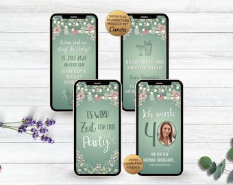 Digital Birthday Party Invitation Green Cocktails | for 20th, 30th, 40th, 50th, 60th birthdays | Animated eCard | WhatsApp Birthday Invitation with Photo for Woman