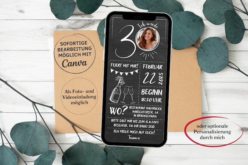 Digitale Geburtstagseinladung Sekt Tafel schwarz weiß eCard zum Versenden per Whatsapp mit Foto Bild 2