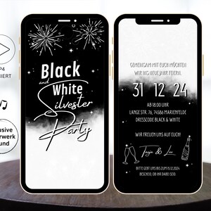 Invitation numérique à la fête du Nouvel An en noir et blanc à envoyer via WhatsApp | Carte d'invitation à la fête du Nouvel An avec feux d'artifice