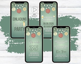 Digitale Gartenparty Geburtstags Einladung Lampions | personalisierbare WhatsApp eCard Grillparty Einladung grün Blätter Cocktails