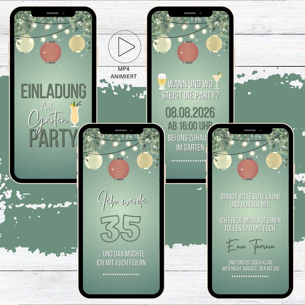 Digitale Gartenparty Geburtstags Einladung Lampions | personalisierbare WhatsApp eCard Grillparty Einladung grün Blätter Cocktails