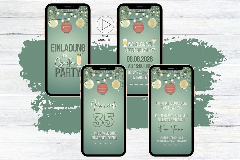 Digitale Gartenparty Geburtstags Einladung Lampions personalisierbare WhatsApp eCard Grillparty Einladung grün Blätter Cocktails Bild 1