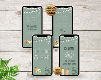 Convite digital para festa no jardim | Modelo do Canva para convites de festa de aniversário | Coquetéis verdes | Festa de verão