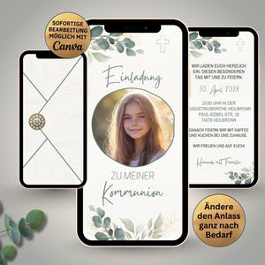 Convite para Primeira Comunhão, branco, verde, dourado, eucalipto | Modelo Canva para Primeira Comunhão | Convite digital para WhatsApp com envelope