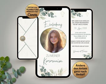 Invitation for First Communion, white, green, gold, eucalyptus | Holy First Communion Canva template | Digital WhatsApp invitation card with envelope