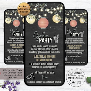 Convite digital para festa no jardim com lanternas coloridas | Cartão eletrônico WhatsApp para convite de aniversário, festa de churrasco, coquetel, cerveja | Festa de verão no jardim