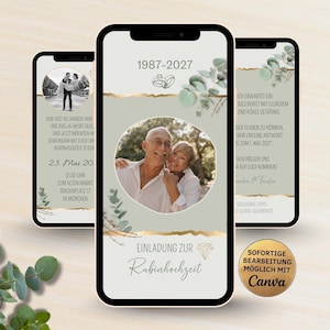 Digitale Einladung zur Rubinhochzeit grün gold | personalisierbare eCard 40. Hochzeitstag | Rubin Hochzeit Einladungskarte mit Eukalyptus