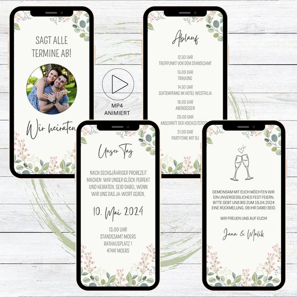 eCard digital wedding invitation video for Whatsapp, customizable animated save the date invitation green floral flowers with photo