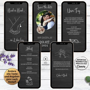 Digitale Hochzeitseinladung Tafel Hand in Hand für Whatsapp | animierte Save the Date Einladung | Einladungskarte zur Hochzeit anthrazit