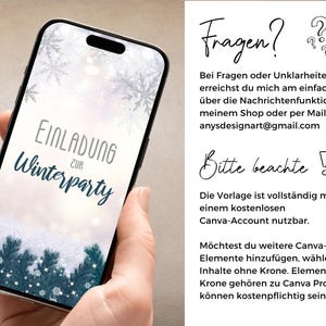 May include: A smartphone displaying a digital winter party invitation with the German text Einladung zur Winterparty, featuring a snowy background with pine branches and snowflakes. The right side contains German text regarding Canva usage.
