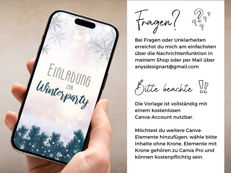 May include: A smartphone displaying a digital winter party invitation with the German text Einladung zur Winterparty, featuring a snowy background with pine branches and snowflakes. The right side contains German text regarding Canva usage.