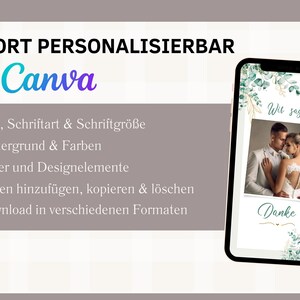 May include: A customizable wedding announcement template with a green and white floral design. The template features a photo of a couple in a white dress and suit. The text on the template reads "Wir sagen Danke".