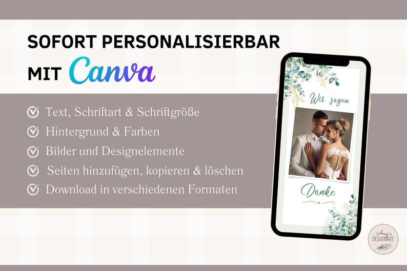 May include: A customizable wedding announcement template with a green and white floral design. The template features a photo of a couple in a white dress and suit. The text on the template reads "Wir sagen Danke".