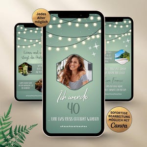 Invitación de fiesta de cumpleaños con luces de hadas verdes | Invitación de cumpleaños animada de WhatsApp con fotos para mujer y hombre para 30, 40, 50 y 60 años