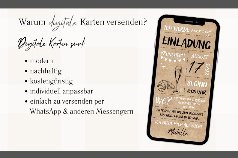 Digitale Geburtstagseinladung Brunch Sekt Frühstück schwarz weiß Kraftpapier Foto eCard zum Versenden per Whatsapp Bild 3