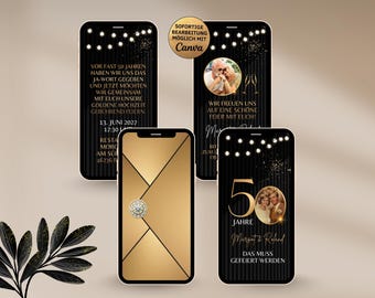 Goldene Hochzeit Einladung Gold Schwarz | Digitale Canva Vorlage | Elegante eCard 50 Jahre mit Umschlag | Jubiläum 50. Hochzeitstag