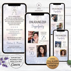 Aniversário de casamento da festa dobro do convite & brilho branco | Cartão de convite de celebração dupla do Whatsapp | 10º 15º 20º 25º 30º 40º aniversário de casamento