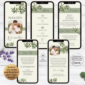 digitale Hochzeitseinladung Oliven Blätter | eCard mediterrane Hochzeit für Whatsapp | digitale Save the Date Einladung mit Ablauf Plan grün