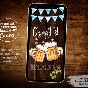 K&ouml;nnte beinhalten: Eine digitale Einladung zu einer Oktoberfest-Feier mit Holzmaserung im Hintergrund. Der Text lautet "O'zapft is!" mit zwei Bierkr&uuml;gen, die aneinandersto&szlig;en. Die Einladung enth&auml;lt auch den Text "Einladung".