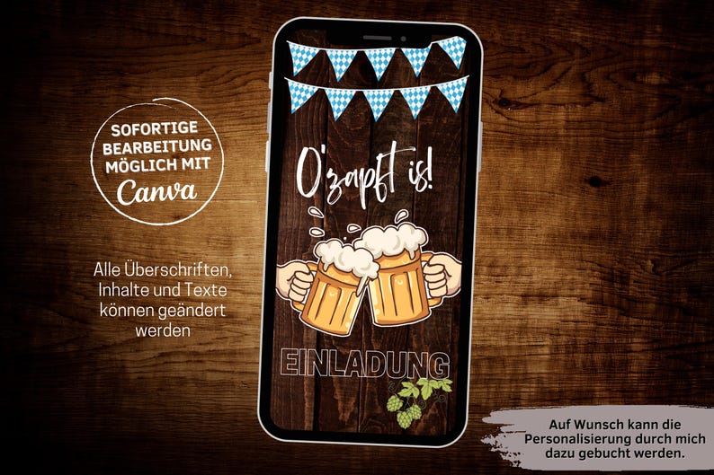 K&ouml;nnte beinhalten: Eine digitale Einladung zu einer Oktoberfest-Feier mit Holzmaserung im Hintergrund. Der Text lautet "O'zapft is!" mit zwei Bierkr&uuml;gen, die aneinandersto&szlig;en. Die Einladung enth&auml;lt auch den Text "Einladung".