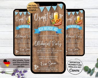 Digitale Oktoberfest Geburtstagsparty Einladung Holz | Wiesn Party Einladungskarte zum Versenden per Whatsapp | Wiesn Bier Party O’zapft is!