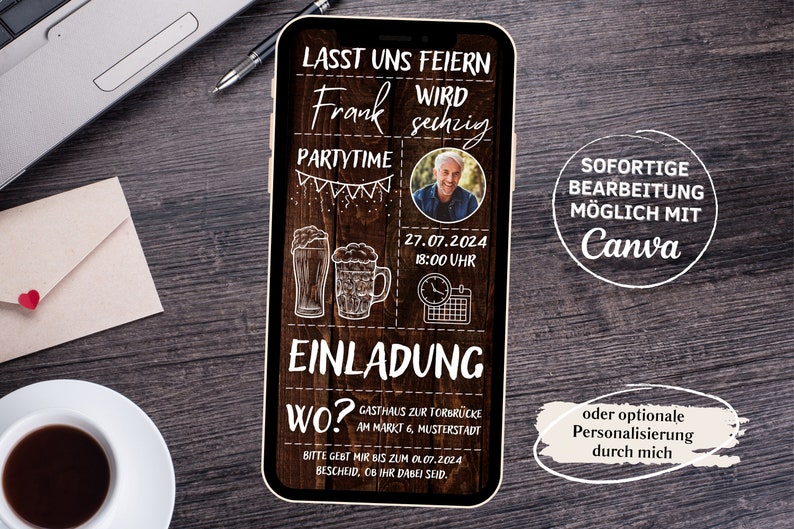 Digitale Einladung zum Geburtstag rustikal Bier Holz, Geburtstagseinladung zum Versenden per Whatsapp mit Foto Bild 2