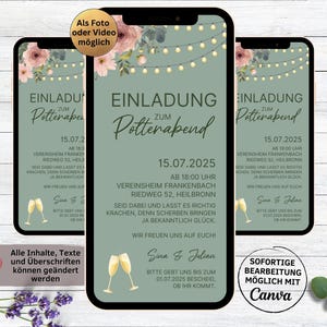 Invitation pour enterrement de vie de garçon vert sauge numérique avec guirlandes lumineuses pour WhatsApp | Invitation personnalisable pour une fête de poule avec des fleurs | Nous grondons