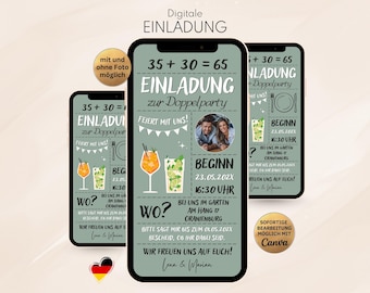 May include: A digital invitation template for a double party displayed on three smartphones. The sage green design features the text 35 + 30 = 65 EINLADUNG zur Doppelparty, a circular photo of a couple, cocktail illustrations, and event details.