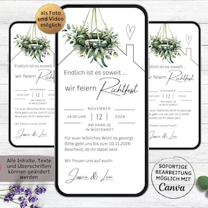 Puede incluir: Una invitación digital para una fiesta de inauguración de la casa. La invitación presenta una ilustración de acuarela de una corona colgante con hojas verdes y un lazo blanco. El texto dice "Endlich ist es soweit... wir feiern Richtfest" que se traduce como "Finalmente es el momento... celebramos la ceremonia de colocación de la estructura". La fecha y la hora del evento se indican como "12 de noviembre de 2026 a las 14:30" y la ubicación es "Am Hang 32 en Wüstenrot". La invitación también incluye una solicitud de respuesta antes del 10 de noviembre de 2026.