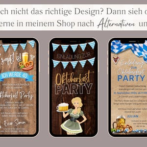 K&ouml;nnte beinhalten: Drei verschiedene Designs f&uuml;r eine digitale Einladung zu einer Oktoberfest-Party. Das erste Design zeigt einen Holz-Hintergrund mit einem blau-wei&szlig; karierten Muster, ein Bierkrug, Brezeln und den Text "O'zapft is!" und "Ich werde 40". Das zweite Design zeigt einen Holz-Hintergrund mit einem blau-wei&szlig; karierten Muster, den Text "Einladung zur Oktoberfest Party" und eine Frau in einem traditionellen Dirndl-Kleid, die einen Bierkrug h&auml;lt. Das dritte Design zeigt einen braunen Hintergrund mit einem blau-wei&szlig; karierten Muster, den Text "Einladung zur Oktoberfest Party" und einen Bierkrug mit Brezeln.