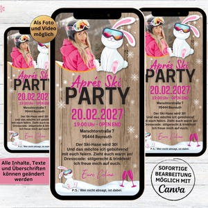 eCard verjaardagsuitnodigingen met après-ski-feestmotief | digitale WhatsApp ski konijntje uitnodigingskaart | grappige mobiele telefoon uitnodiging winter konijntje