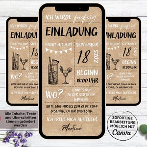 eCard Anniversaire Invitation Cocktails Papier Kraft | Invitation d'anniversaire numérique à envoyer via Whatsapp | Carte d'invitation femme homme