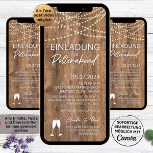 eCard digitale Einladung Polterabend rustikal für WhatsApp, personalisierbare elektronische Polterabendeinladung Holz und Licht