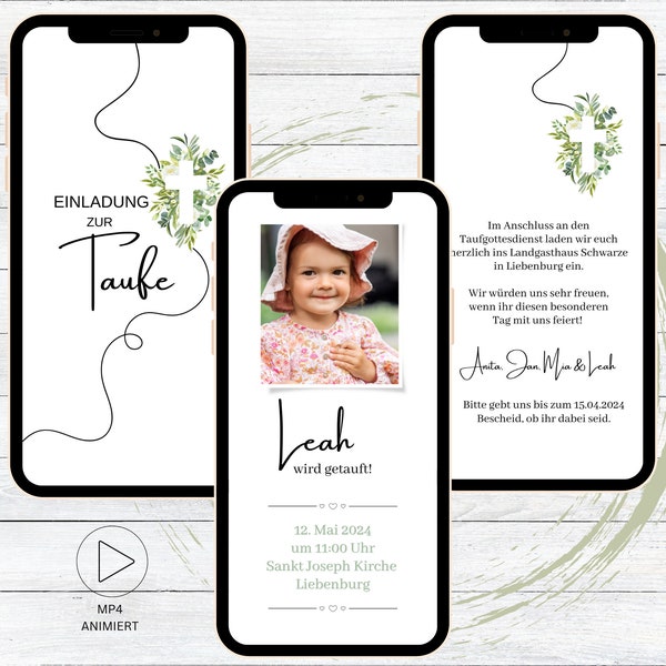 eCard Einladung Taufe digital, animierte Einladungskarte für Taufe personalisierbar zum Versenden per WhatsApp, Videoeinladung mit Foto