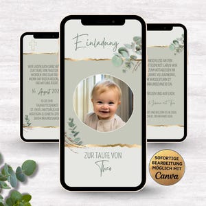 Convite de batismo eCard eucalipto verde dourado | elegante cartão de convite animado para serviço de batismo | Convite de batismo para WhatsApp com foto