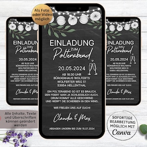 eCard Einladung Polterabend Tafel für WhatsApp | Polterabendeinladung Lampions | Einladungskarte Pre Wedding Gartenparty | Wir poltern