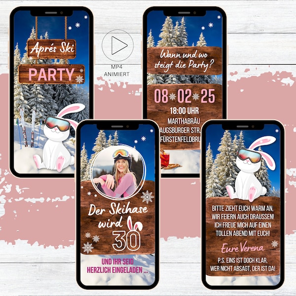 eCard Einladungen Skihase Après-Ski Party zum Geburtstag, lustige digitale WhatsApp Einladungskarte, animierte Handyeinladung Winter