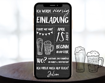 Digitale eCard Geburtstagseinladung Tafel für Mann Frau Motiv Bier zum Versenden per Whatsapp