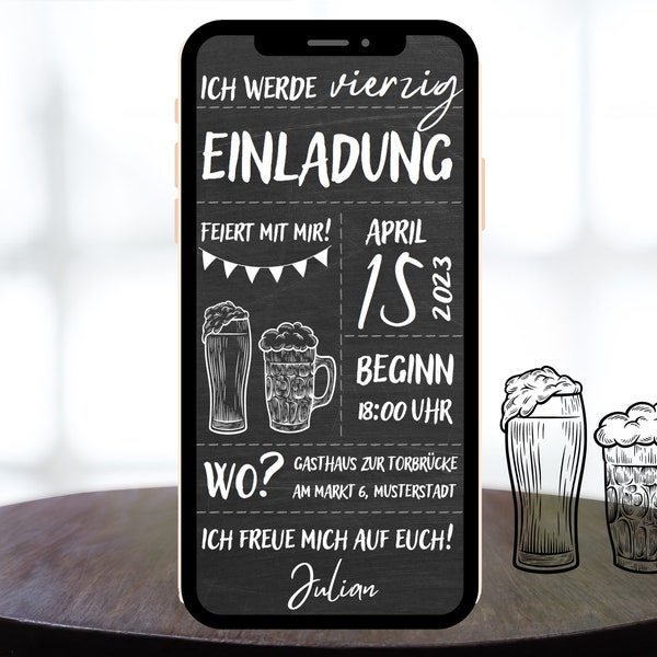 Tableau d'invitation anniversaire eCard numérique pour homme femme motif bière à envoyer via Whatsapp