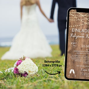 eCard digitale Einladung Hölzerne Hochzeit rustikal für WhatsApp, personalisierbare elektronische Hochzeitstag Einladung Holz und Licht Bild 4